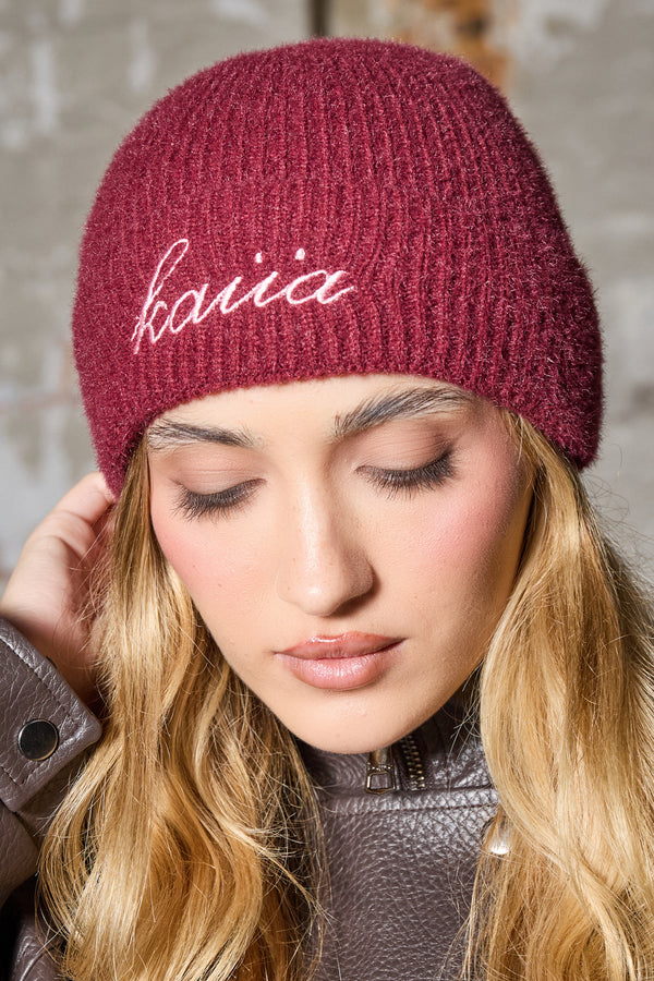 Kaiia Logo Fluffy Knit Beanie Burgundy