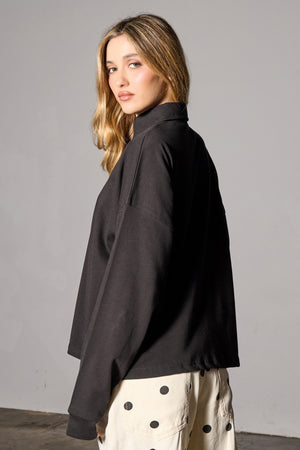 Kaiia Cotton Oversized Polo Top Black