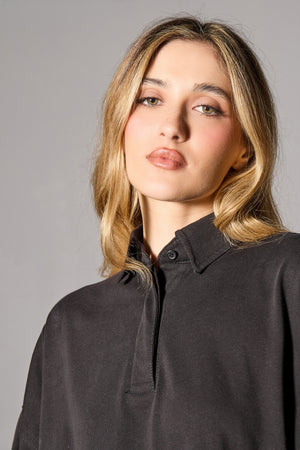 Kaiia Cotton Oversized Polo Top Black