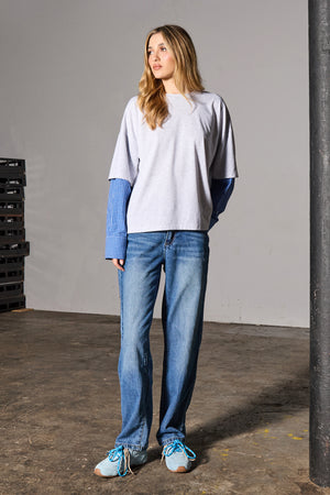 Kaiia Double Layered Long Sleeve Oversized T-shirt Grey & Check