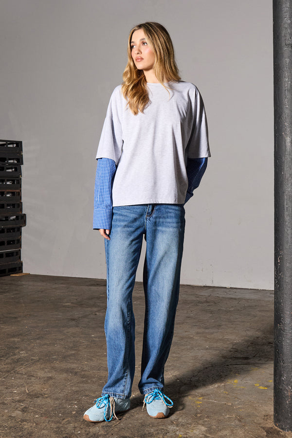 Kaiia Double Layered Long Sleeve Oversized T-shirt Grey & Check