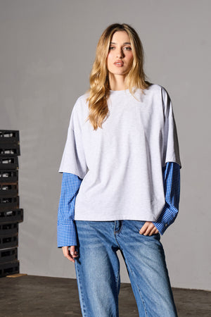 Kaiia Double Layered Long Sleeve Oversized T-shirt Grey & Check