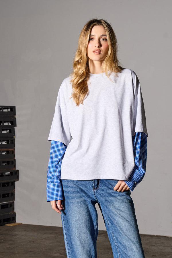 Kaiia Double Layered Long Sleeve Oversized T-shirt Grey & Check