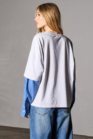 Kaiia Double Layered Long Sleeve Oversized T-shirt Grey & Check