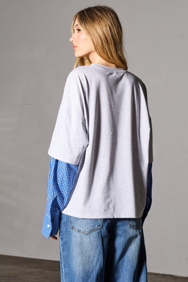 Kaiia Double Layered Long Sleeve Oversized T-shirt Grey & Check