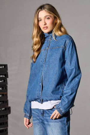 Kaiia Denim Funnel Neck Oversized Jacket Dark Blue