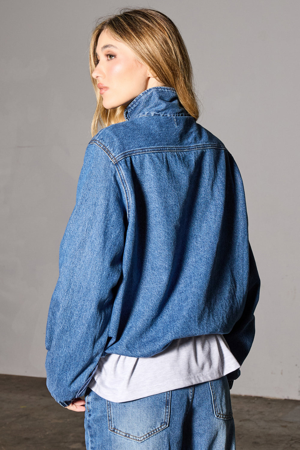 Kaiia Denim Funnel Neck Oversized Jacket Dark Blue