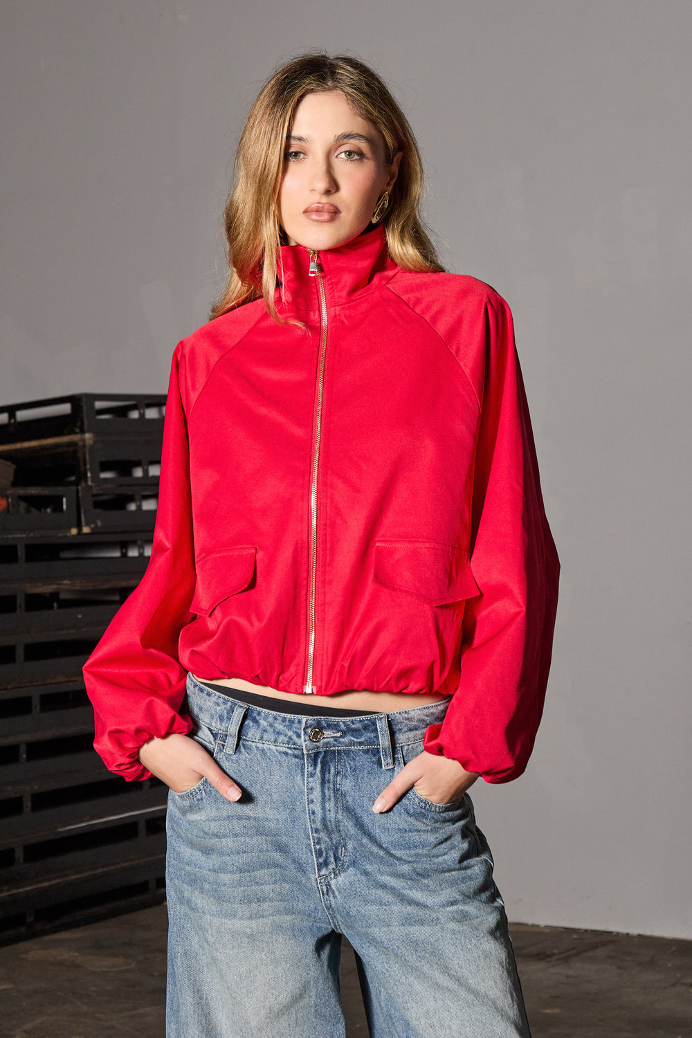 Kaiia Woven Funnel Neck Jacket Red