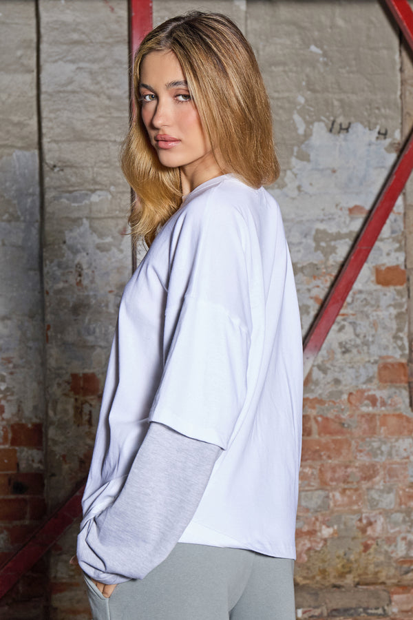 Kaiia Double Layered Long Sleeve Oversized T-shirt White