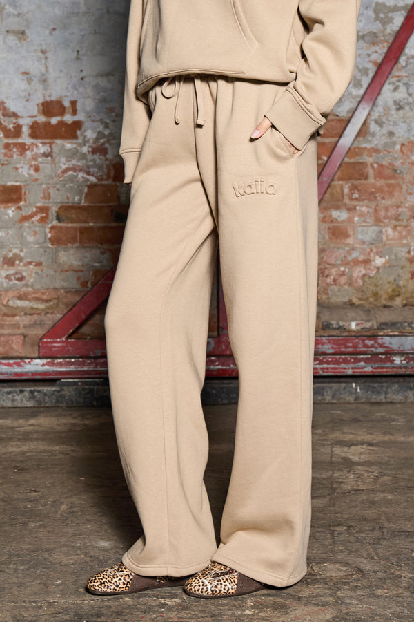 Kaiia Jeans Embossed Wide Leg Joggers Oat Beige