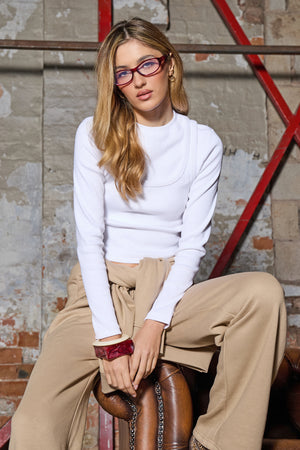 Kaiia Rib Double Layered Long Sleeve Top White