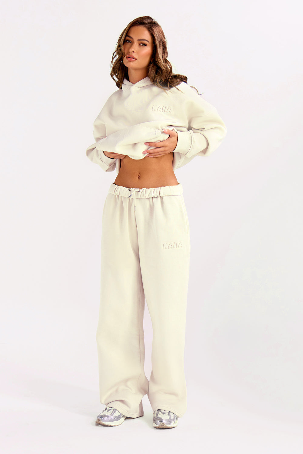 Kaiia Embossed Bubble Logo Wide Leg Joggers Almond Milk