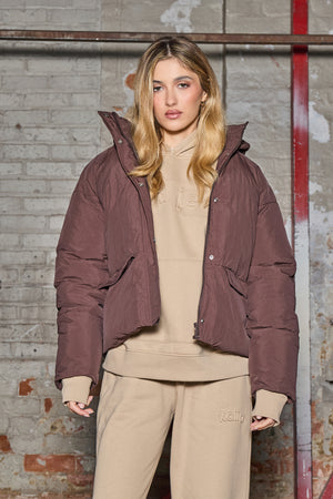 Kaiia Oversized Funnel Neck Puffer Coat Chocolate