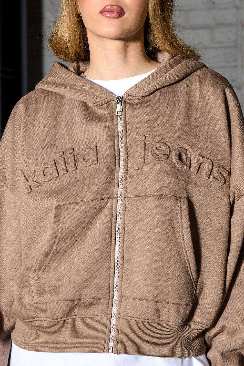 Kaiia Jeans Embossed Zip Through Oversized Hoodie Mocha Brown