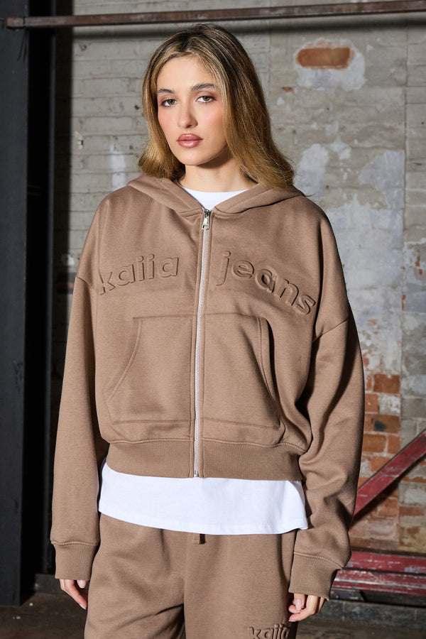 Kaiia Jeans Embossed Zip Through Oversized Hoodie Mocha Brown