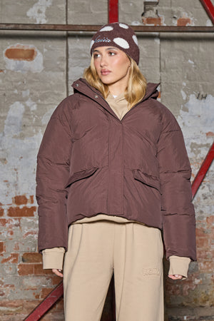 Kaiia Oversized Funnel Neck Puffer Coat Chocolate