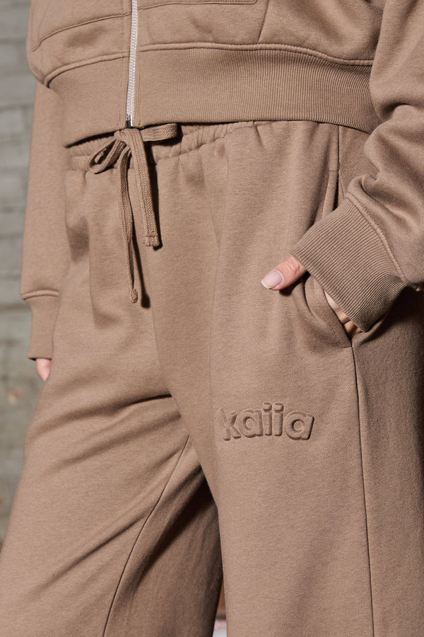 Kaiia Jeans Embossed Wide Leg Joggers Mocha Brown