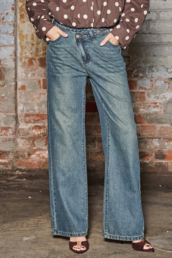 Kaiia Denim Crossover Waist Jeans Dark Blue