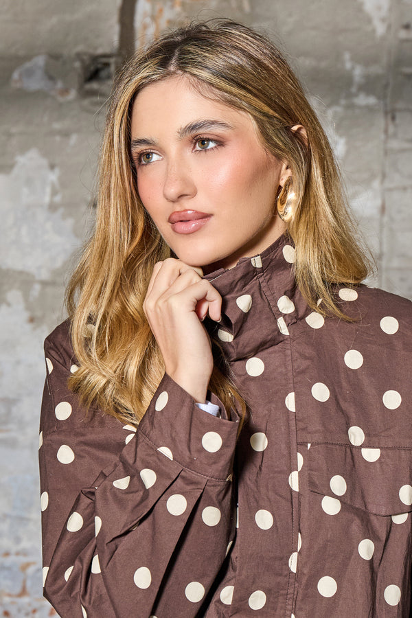 Kaiia Woven Polka Dot Funnel Neck Jacket Chocolate & Cream