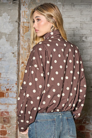 Kaiia Woven Polka Dot Funnel Neck Jacket Chocolate & Cream