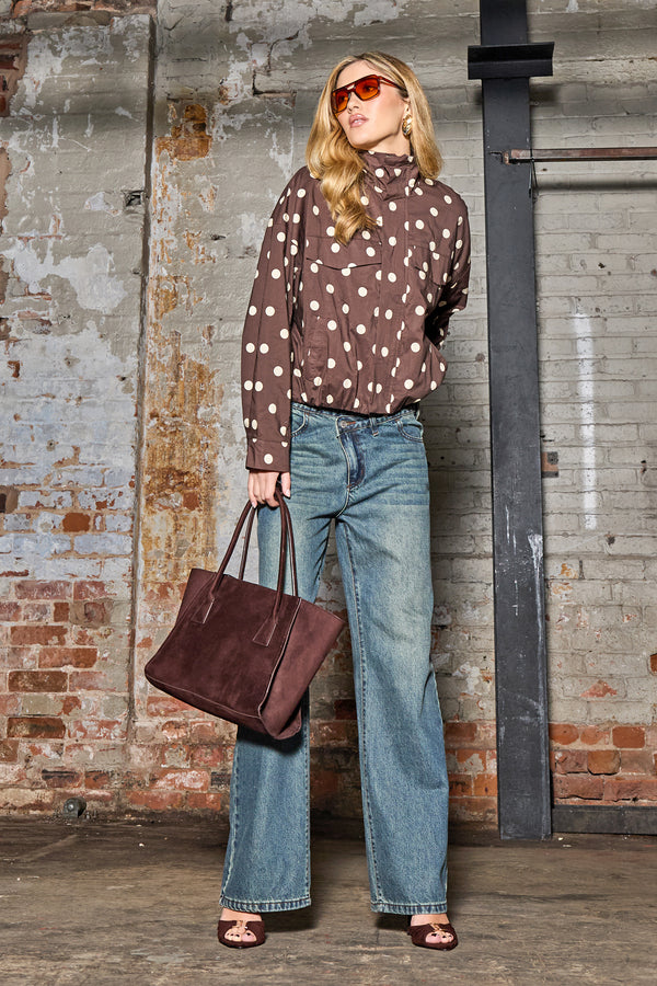 Kaiia Woven Polka Dot Funnel Neck Jacket Chocolate & Cream