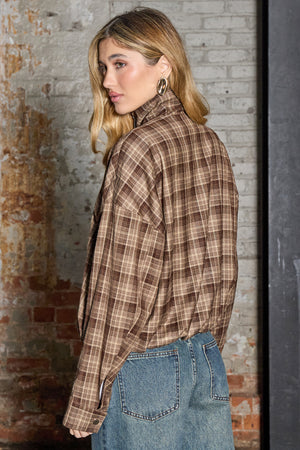 Kaiia Woven Check Funnel Neck Jacket Brown