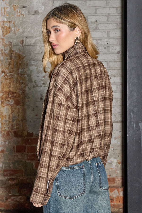 Kaiia Woven Check Funnel Neck Jacket Brown