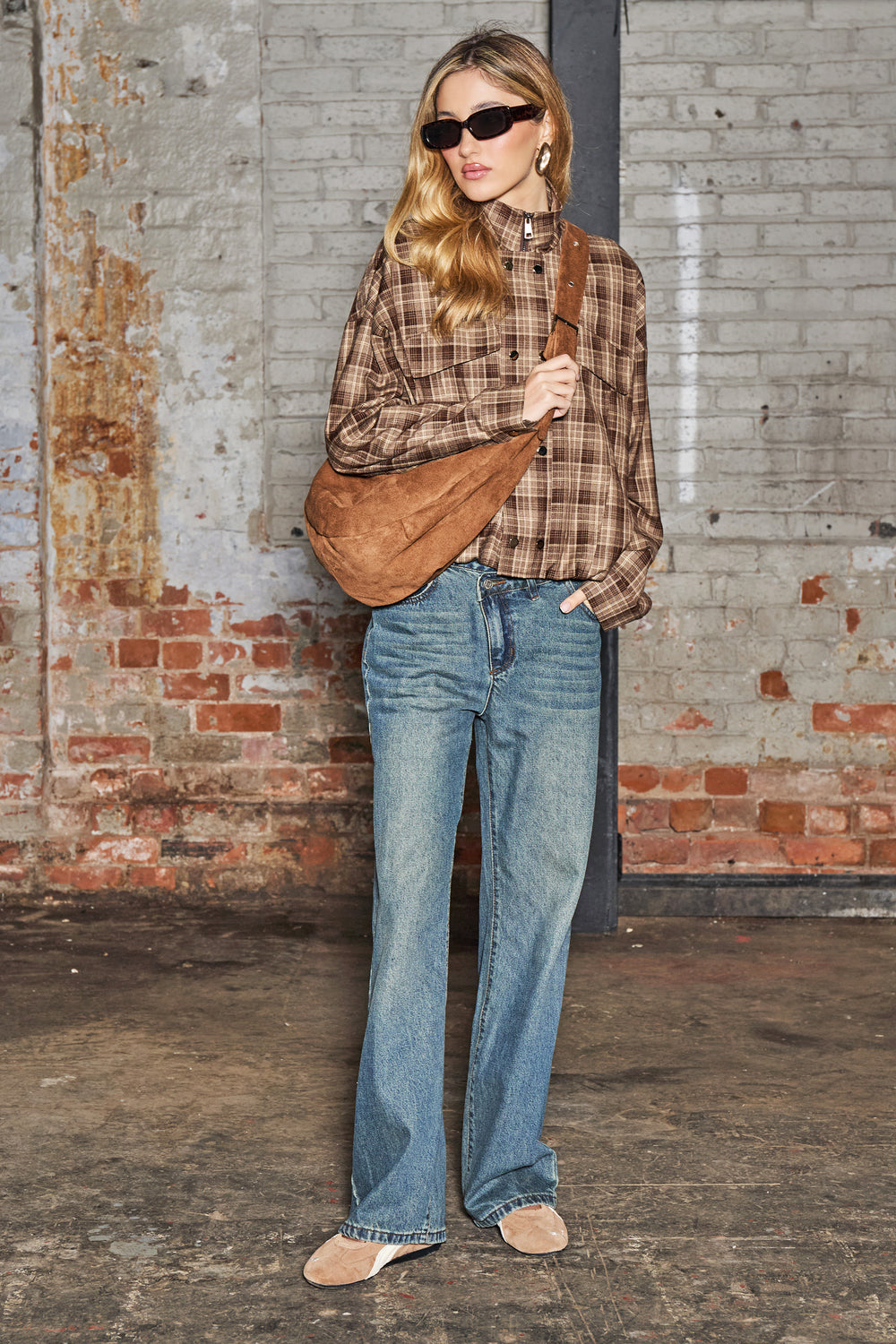 Kaiia Woven Check Funnel Neck Jacket Brown