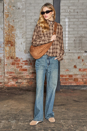 Kaiia Woven Check Funnel Neck Jacket Brown