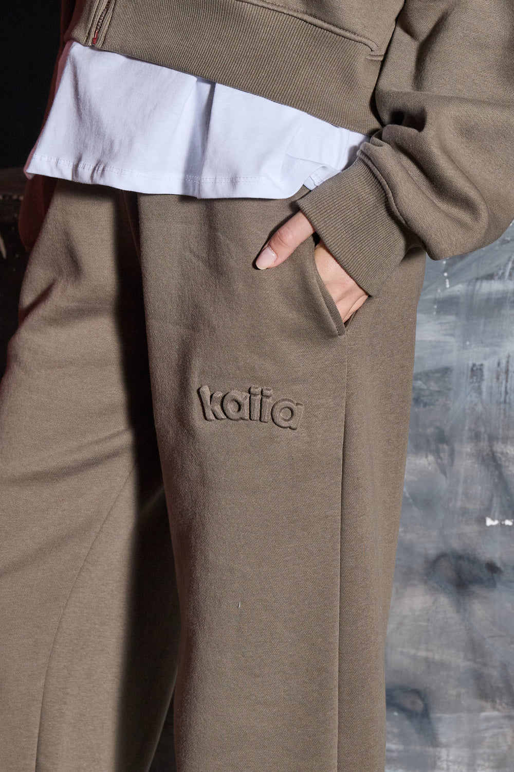 Kaiia Jeans Embossed Wide Leg Joggers Olive Grey