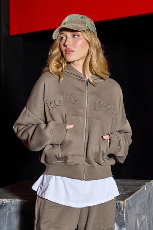 Kaiia Jeans Embossed Zip Through Oversized Hoodie Olive Grey