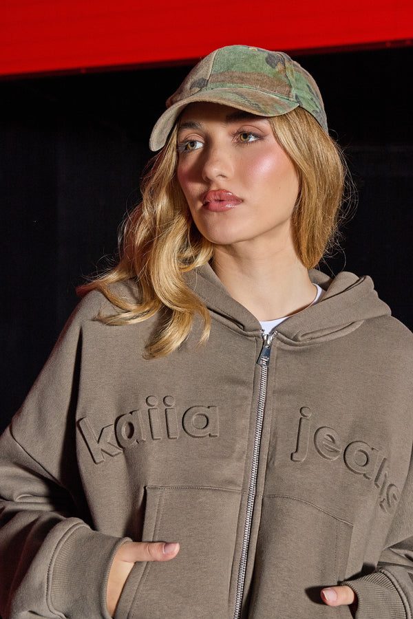 Kaiia Jeans Embossed Zip Through Oversized Hoodie Olive Grey