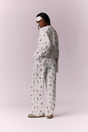 Kaiia Deer Print Button Down Top & Trouser Pyjama Set Cream