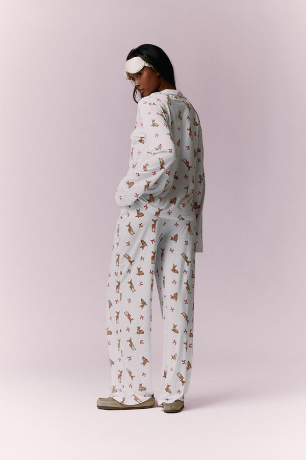 Kaiia Deer Print Button Down Top & Trouser Pyjama Set Cream