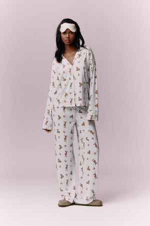Kaiia Deer Print Button Down Top & Trouser Pyjama Set Cream