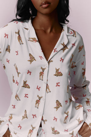Kaiia Deer Print Button Down Top & Trouser Pyjama Set Cream