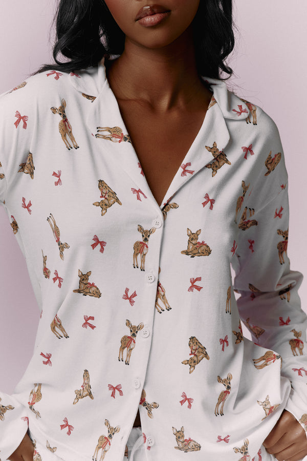 Kaiia Deer Print Button Down Top & Trouser Pyjama Set Cream