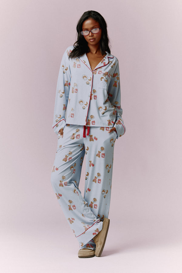 Kaiia Teddy Bear Print Button Down Top and Trousers Pyjama Set Baby Blue & Red
