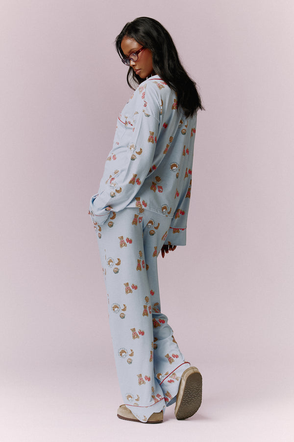 Kaiia Teddy Bear Print Button Down Top and Trousers Pyjama Set Baby Blue & Red