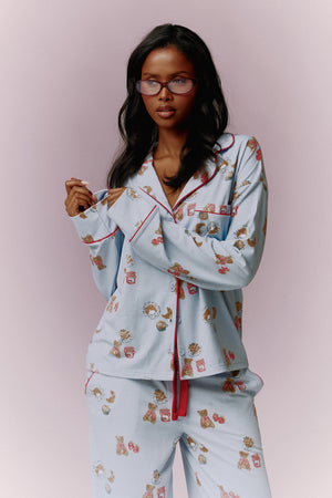 Kaiia Teddy Bear Print Button Down Top and Trousers Pyjama Set Baby Blue & Red