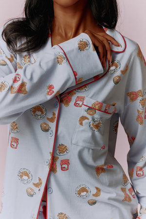 Kaiia Teddy Bear Print Button Down Top and Trousers Pyjama Set Baby Blue & Red