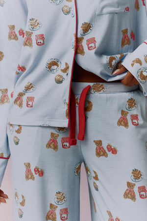 Kaiia Teddy Bear Print Button Down Top and Trousers Pyjama Set Baby Blue & Red