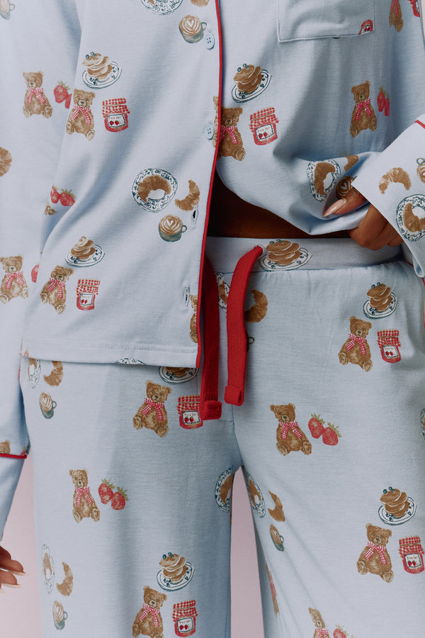 Kaiia Teddy Bear Print Button Down Top and Trousers Pyjama Set Baby Blue & Red