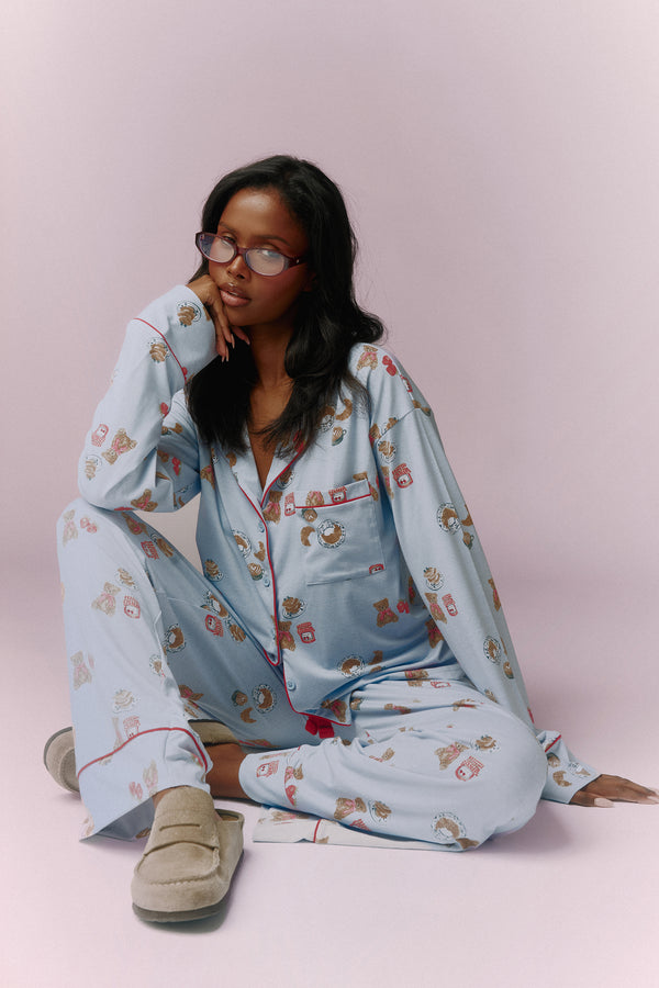 Kaiia Teddy Bear Print Button Down Top and Trousers Pyjama Set Baby Blue & Red
