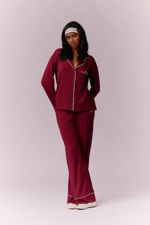 Kaiia Contrast Piping Button Down Top & Trouser Pyjama Set Burgundy & Pink