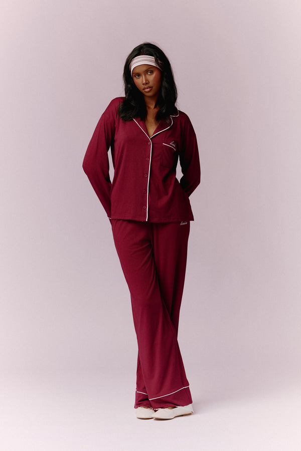 Kaiia Contrast Piping Button Down Top & Trouser Pyjama Set Burgundy & Pink