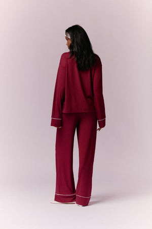 Kaiia Contrast Piping Button Down Top & Trouser Pyjama Set Burgundy & Pink