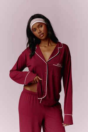 Kaiia Contrast Piping Button Down Top & Trouser Pyjama Set Burgundy & Pink