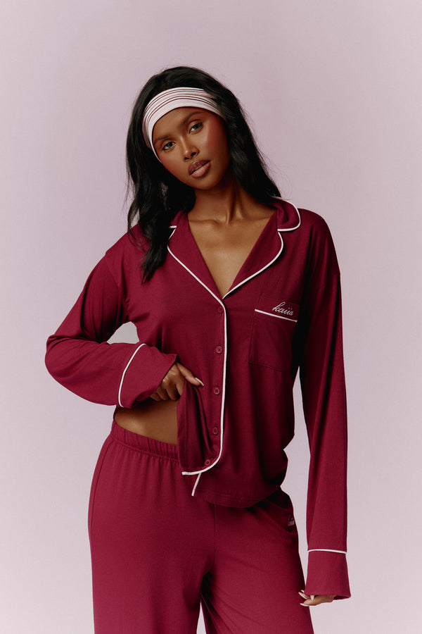 Kaiia Contrast Piping Button Down Top & Trouser Pyjama Set Burgundy & Pink