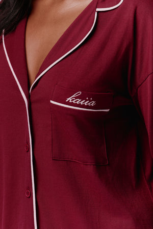 Kaiia Contrast Piping Button Down Top & Trouser Pyjama Set Burgundy & Pink